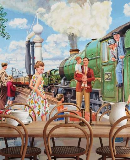 vihreä höyry juna asemalla tapetti