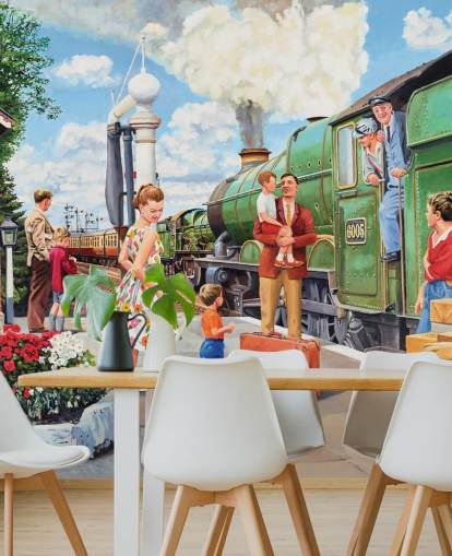 green steam train at station wallpaper