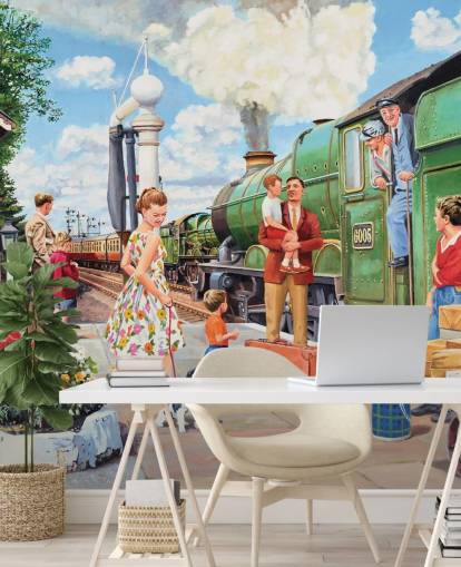 grön ångtåg på stationens tapet