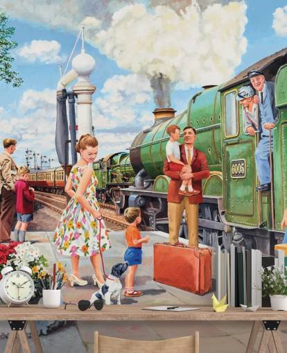 groene stoomtrein op station behang