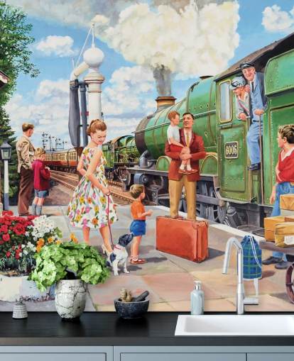 green steam train at station wallpaper