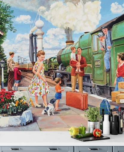 groene stoomtrein op station behang