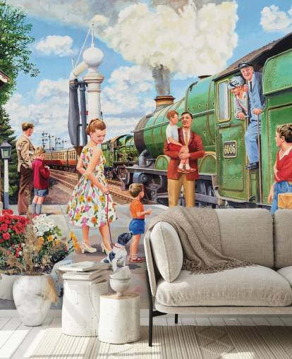 groene stoomtrein op station behang