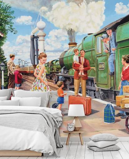 green steam train at station wallpaper