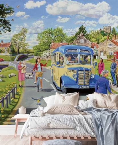 old fashioned bus driving through a village wallpaper