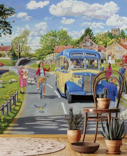 old fashioned bus driving through a village wallpaper