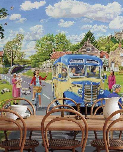 old fashioned bus driving through a village wallpaper old fashioned bus driving through a village wallpaper