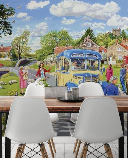 bus à l'ancienne conduite à travers un fond d'écran de village