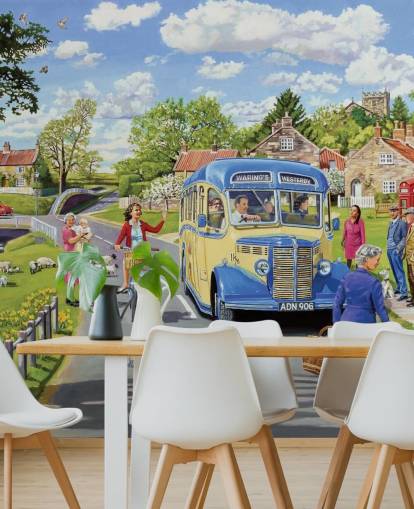 old fashioned bus driving through a village wallpaper