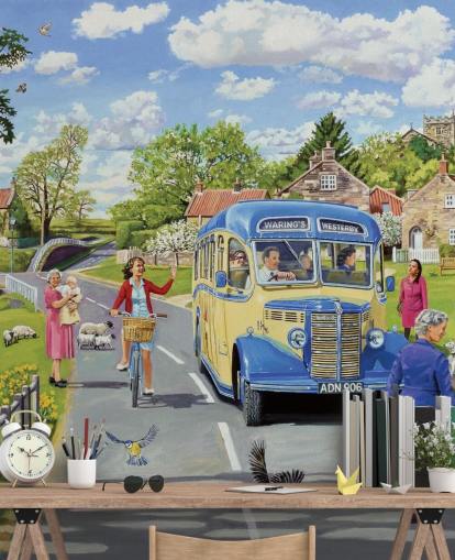 bus vecchio stile che guida attraverso una carta da parati villaggio bus vecchio stile che guida attraverso una carta da parati villaggio