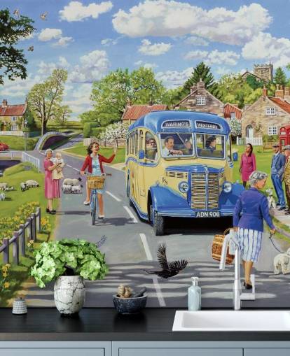 old fashioned bus driving through a village wallpaper
