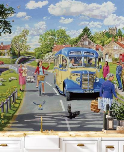 old fashioned bus driving through a village wallpaper