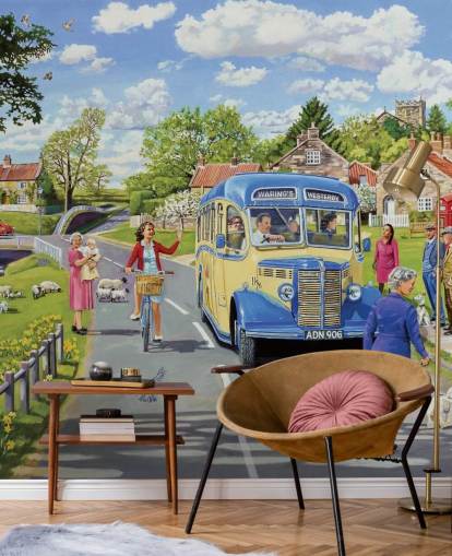 old fashioned bus driving through a village wallpaper