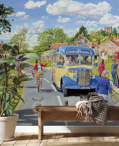 old fashioned bus driving through a village wallpaper