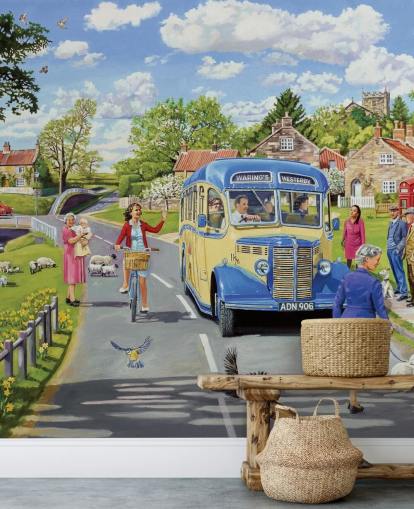 old fashioned bus driving through a village wallpaper