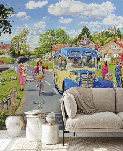 ônibus à moda antiga dirigindo através de um papel de parede da vila