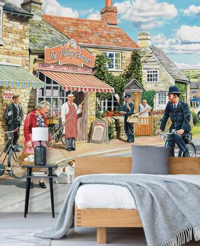 colorido mural de papel pintado de la época pasada llamado The Village High Street de Trevor Mitchell para residencias de ancianos colorido mural de papel pintado de la época pasada llamado The Village High Street de Trevor Mitchell para residencias de ancianos