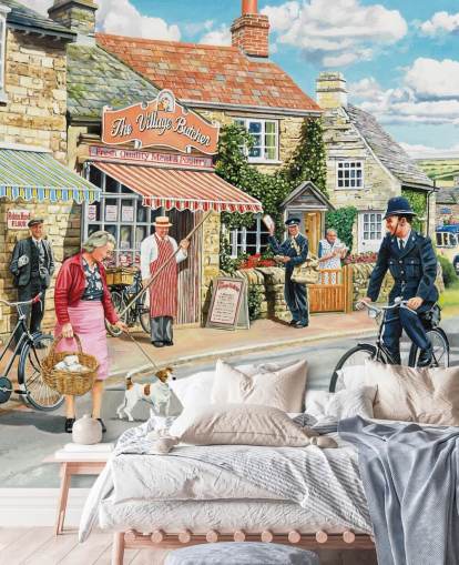 farbenfrohes Tapeten-Wandbild aus vergangenen Zeiten mit dem Titel The Village High Street von Trevor Mitchell für Pflegeheime