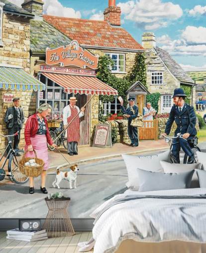 colorful bygone era wallpaper mural called The Village High Street by Trevor Mitchell for care homes