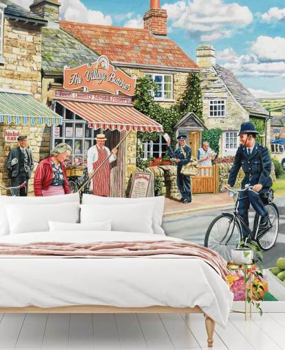 colorful bygone era wallpaper mural called The Village High Street by Trevor Mitchell for care homes