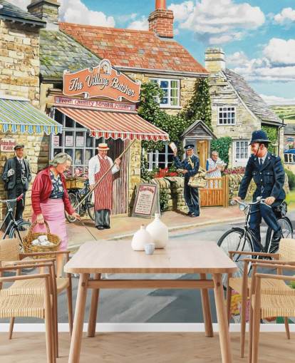 colourful bygone era wallpaper mural called The Village High Street by Trevor Mitchell for care homes