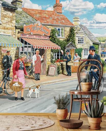 colorido mural de papel pintado de la época pasada llamado The Village High Street de Trevor Mitchell para residencias de ancianos colorido mural de papel pintado de la época pasada llamado The Village High Street de Trevor Mitchell para residencias de ancianos