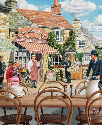 färgglad tapetväggmålning från svunnen tid som heter The Village High Street av Trevor Mitchell för vårdhem