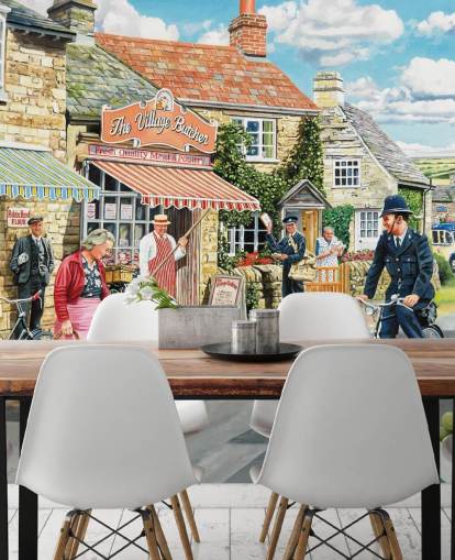 färgglad tapetväggmålning från svunnen tid som heter The Village High Street av Trevor Mitchell för vårdhem färgglad tapetväggmålning från svunnen tid som heter The Village High Street av Trevor Mitchell för vårdhem