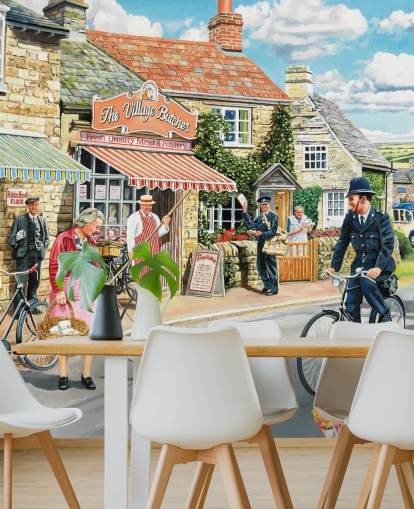 colourful bygone era wallpaper mural called The Village High Street by Trevor Mitchell for care homes