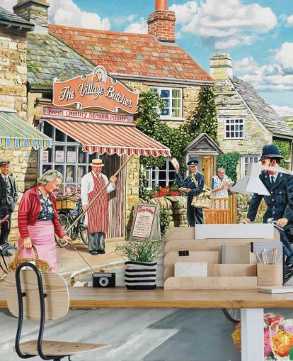 mural colorido de papel de parede da era passada chamado The Village High Street, de Trevor Mitchell, para casas de repouso