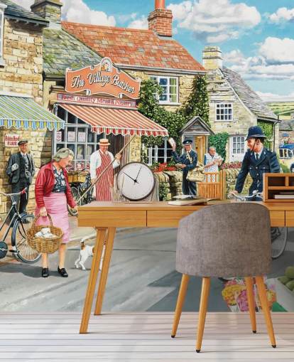 kleurrijke behangmuurschildering uit vervlogen tijden genaamd The Village High Street van Trevor Mitchell voor verzorgingstehuizen