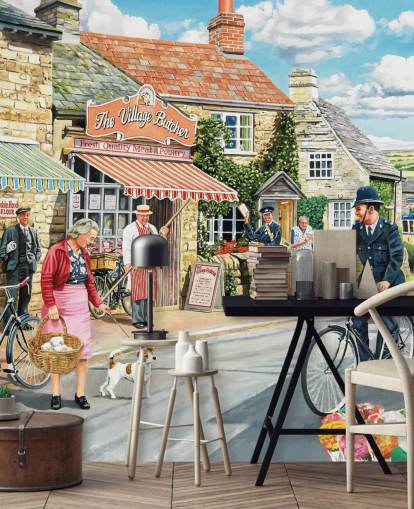 colorido mural de papel pintado de la época pasada llamado The Village High Street de Trevor Mitchell para residencias de ancianos colorido mural de papel pintado de la época pasada llamado The Village High Street de Trevor Mitchell para residencias de ancianos
