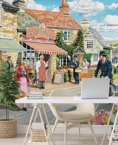 colorful bygone era wallpaper mural called The Village High Street by Trevor Mitchell for care homes