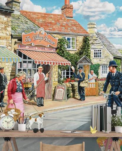 colorful bygone era wallpaper mural called The Village High Street by Trevor Mitchell for care homes