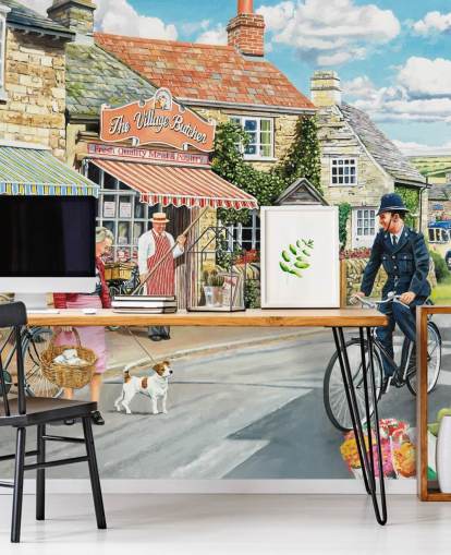 colorido mural de papel pintado de la época pasada llamado The Village High Street de Trevor Mitchell para residencias de ancianos