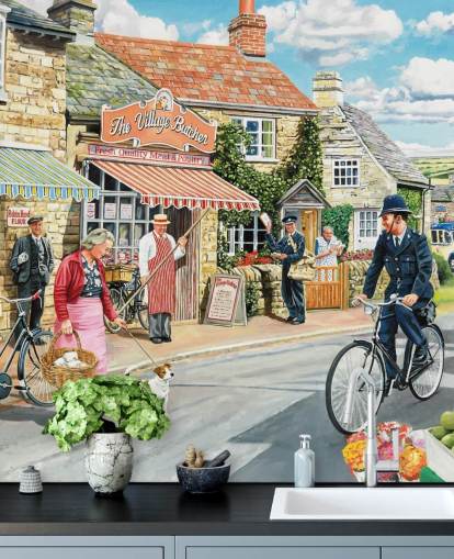 papier peint mural coloré de l'époque révolue appelé The Village High Street par Trevor Mitchell pour les maisons de retraite