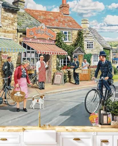 farverigt tapetmaleri fra svunden æra kaldet The Village High Street af Trevor Mitchell til plejehjem farverigt tapetmaleri fra svunden æra kaldet The Village High Street af Trevor Mitchell til plejehjem