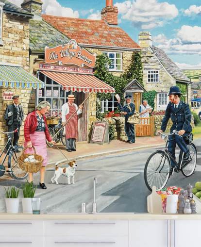 colorido mural de papel pintado de la época pasada llamado The Village High Street de Trevor Mitchell para residencias de ancianos