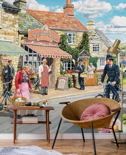 colorido mural de papel pintado de la época pasada llamado The Village High Street de Trevor Mitchell para residencias de ancianos colorido mural de papel pintado de la época pasada llamado The Village High Street de Trevor Mitchell para residencias de ancianos