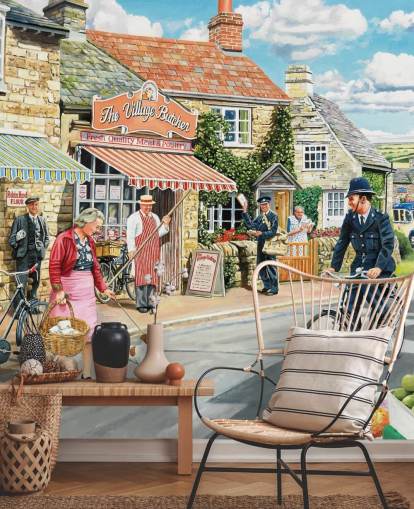 farverigt tapetmaleri fra svunden æra kaldet The Village High Street af Trevor Mitchell til plejehjem