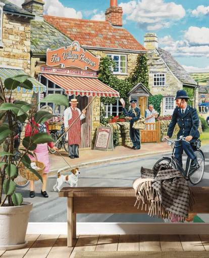 colorido mural de papel pintado de la época pasada llamado The Village High Street de Trevor Mitchell para residencias de ancianos colorido mural de papel pintado de la época pasada llamado The Village High Street de Trevor Mitchell para residencias de ancianos