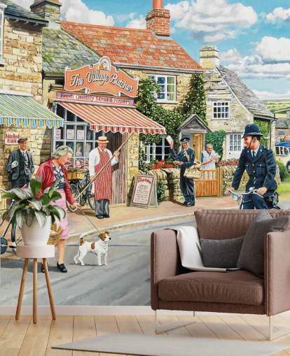 colorido mural de papel pintado de la época pasada llamado The Village High Street de Trevor Mitchell para residencias de ancianos colorido mural de papel pintado de la época pasada llamado The Village High Street de Trevor Mitchell para residencias de ancianos