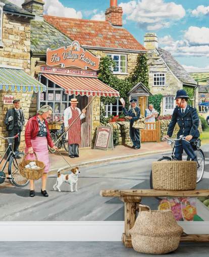 carta da parati murale colorata di epoca passata chiamata The Village High Street di Trevor Mitchell per case di cura carta da parati murale colorata di epoca passata chiamata The Village High Street di Trevor Mitchell per case di cura