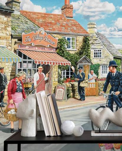 farverigt tapetmaleri fra svunden æra kaldet The Village High Street af Trevor Mitchell til plejehjem