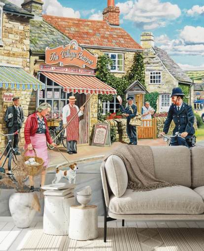 fargerikt tapetmaleri fra svunnen tid kalt The Village High Street av Trevor Mitchell for omsorgsboliger