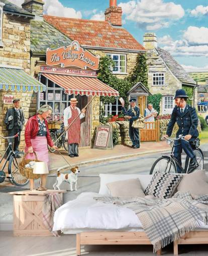 colourful bygone era wallpaper mural called The Village High Street by Trevor Mitchell for care homes