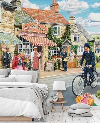 colorido mural de papel pintado de la época pasada llamado The Village High Street de Trevor Mitchell para residencias de ancianos
