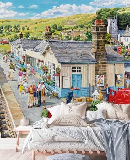 stoomtrein op het treinstation behang