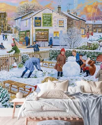old fashioned winter scene of children playing in the snow wallpaper