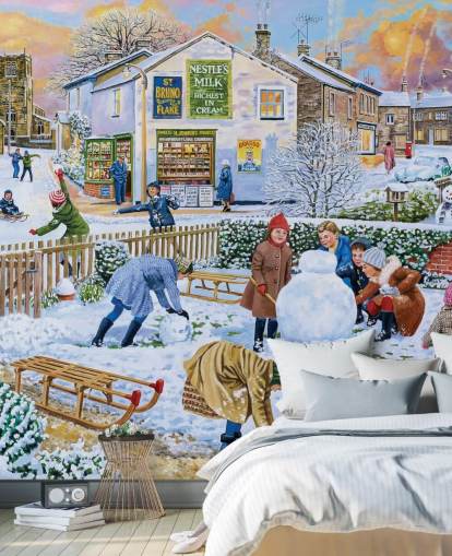 gammeldags vinter scene av barn som leker i snøen tapet